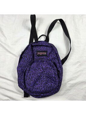 Jansport Half Pint Womens Small Purple Black Leopard Print Backpack Lightweight